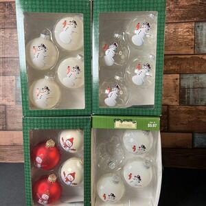 4 Boxes 15 Total Glass Snowman / Cardinal  Christmas Ornaments- Holiday Time USA